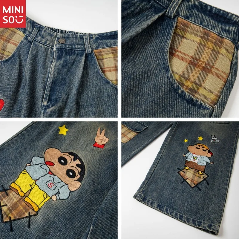 Miniso الأمريكية الرجعية غسلها المتعثرة متعة الكرتون التطريز المرقعة مستقيم الساق الجينز للجنسين فضفاض السراويل واسعة #4