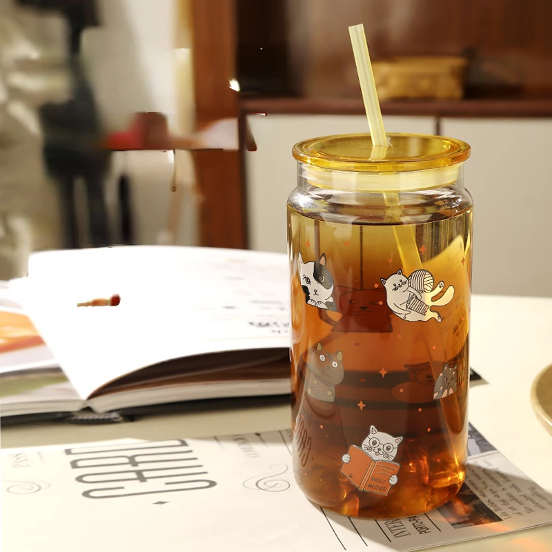 1400ml Glass Cup Cartoon Cat High Beauty Mug with Lid Summer Cute Cold Drink Glass Straw Cups Heatable Coffee Mugs Gift Bottle