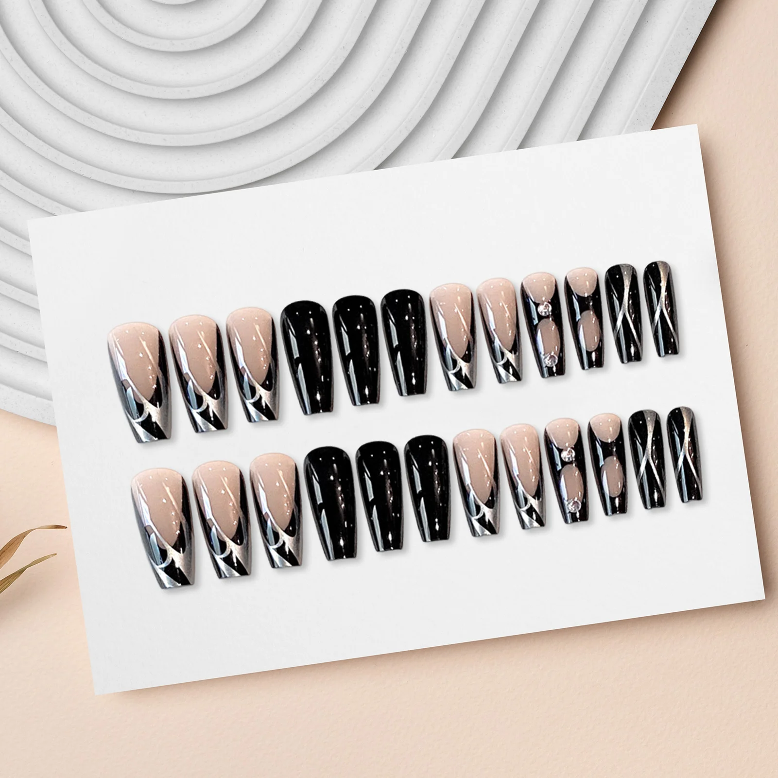 Nude Black Fake Nails with Rhinestone Natural Unbreakable Nail Simple Wear for Daily and Parties Wearing