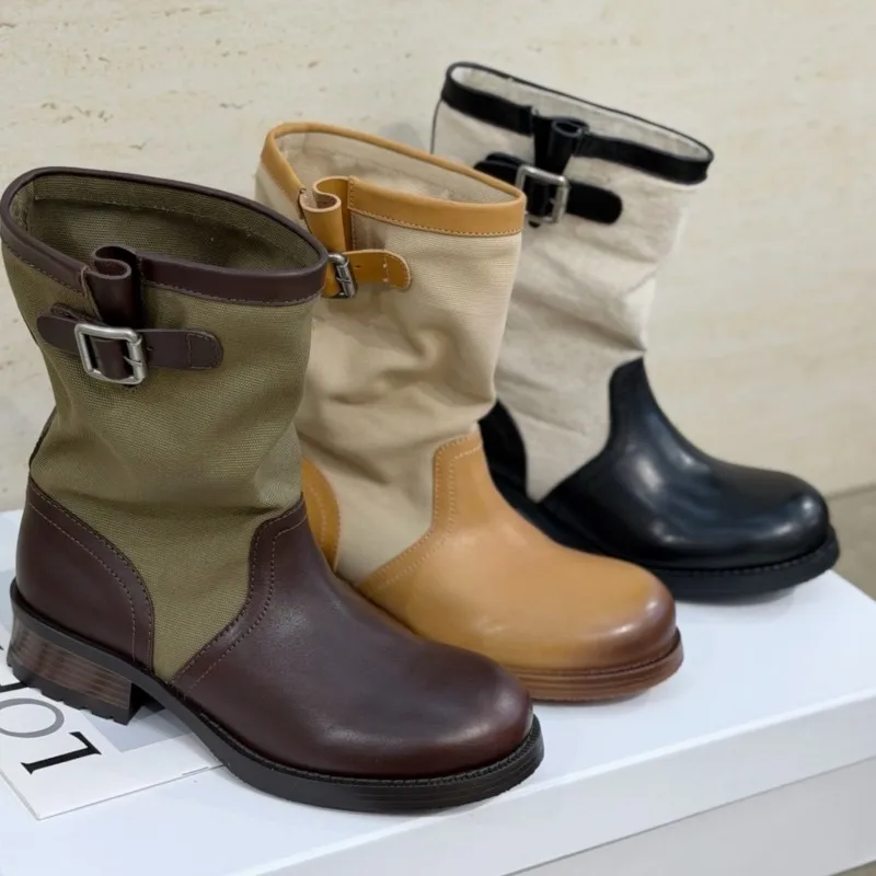 Women's Ankle Boots Genuine Leather Canvas Splice Short Boots Vintage Biker Combat Boots Lady Thick Heel Non slip Rubber 