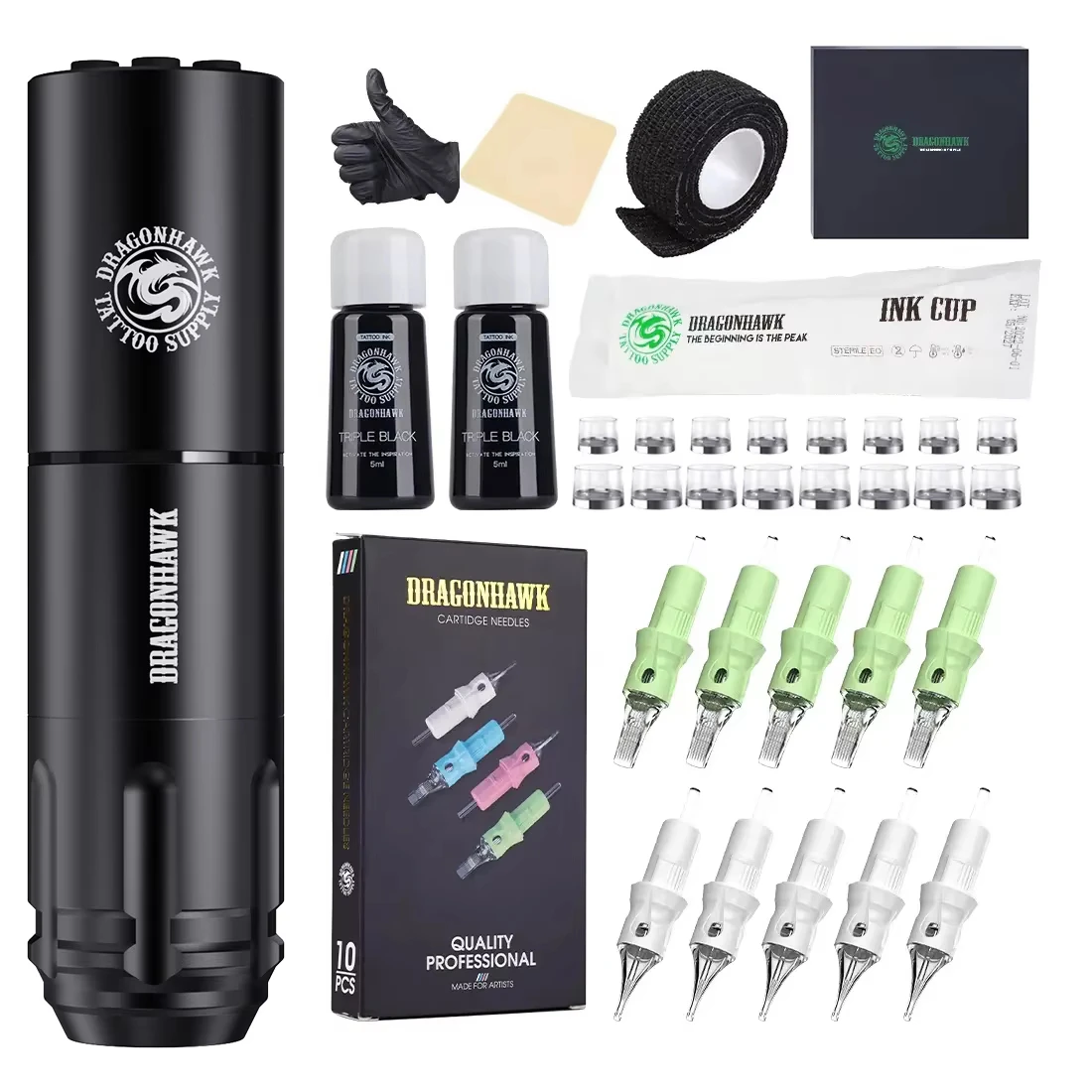 Dragonhawk A1 Kit de tatouage à double mode, stylo de tatouage sans fil avec modes réglables de points et de tension, course de 3,5mm, batterie de 1600mAh pour débutants