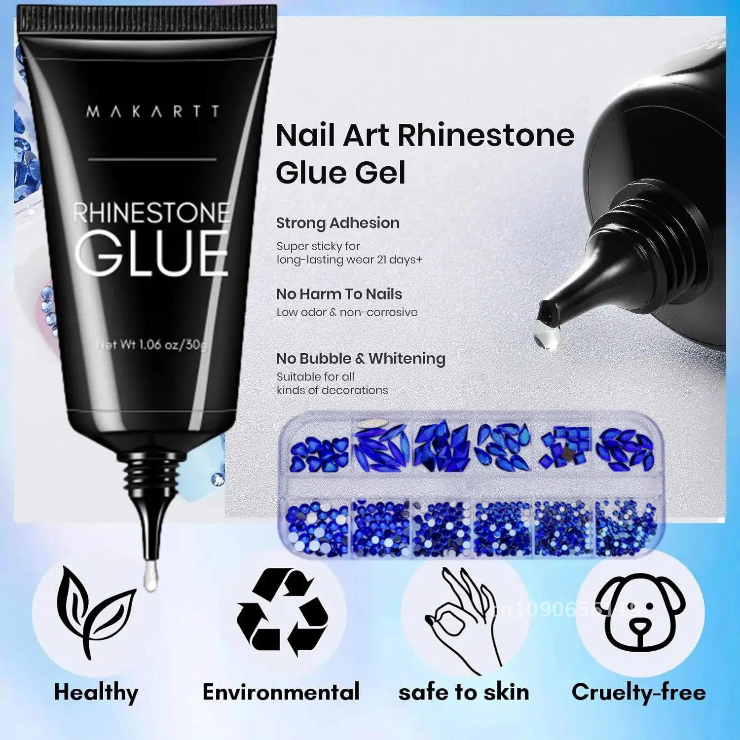 30g Makartt Rhinestone Glue with Royal Blue Glass Crystal Kit  for Shine Nail Art Manicure Makeup DIY Decoration Gem Jewelry