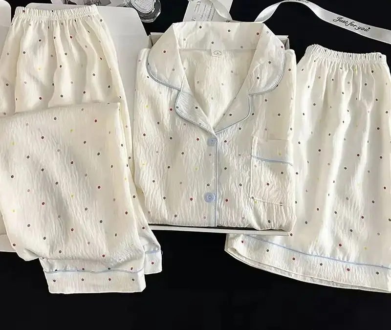 Polka Dot Elegant Women 3PCS Pajama Set Sleepwear Pajama Set Top and Pant with Shorts 3 Piece Set Home Suit Sweet Outfits Y2K