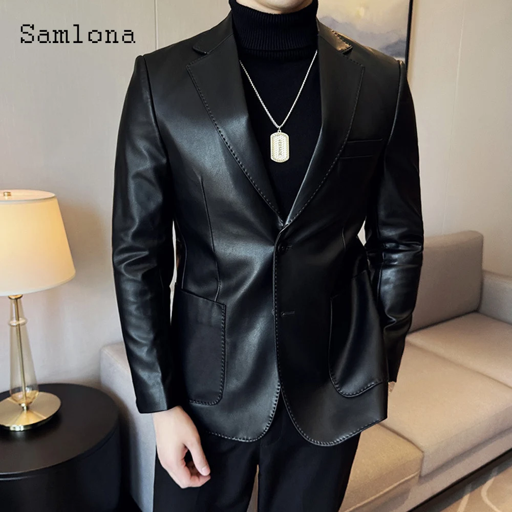 Men's Pu Leather Jackets 2025 New Autumn Notched Outerwear Black Green Faux Leather Motorcycle Jacket Men Stand Pocket Coats