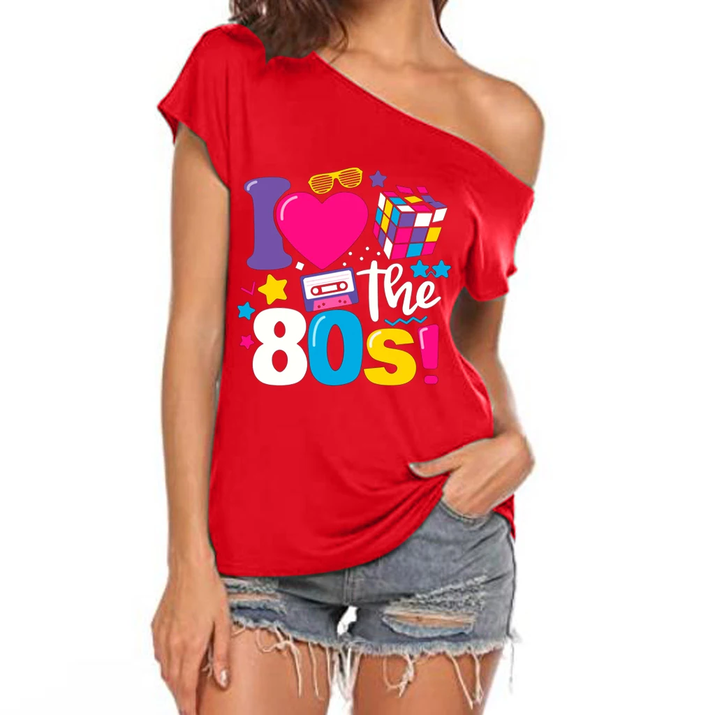 XUANSHOW 2024 Sommer I Love the 80s Emotional Element T-Shirt Sexy Off Shoulder Tops Kurzarm Buchstaben bedrucktes T-Shirt – Detail 7