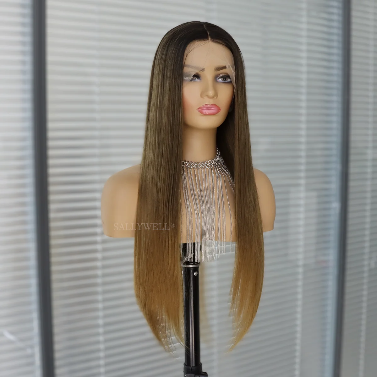 Ombre Brown Long Straight Lace Front Wig for Women Glueless 3-Tone Brown Wigs Pre Plucked Heat Resistant Synthetic Hair Wig