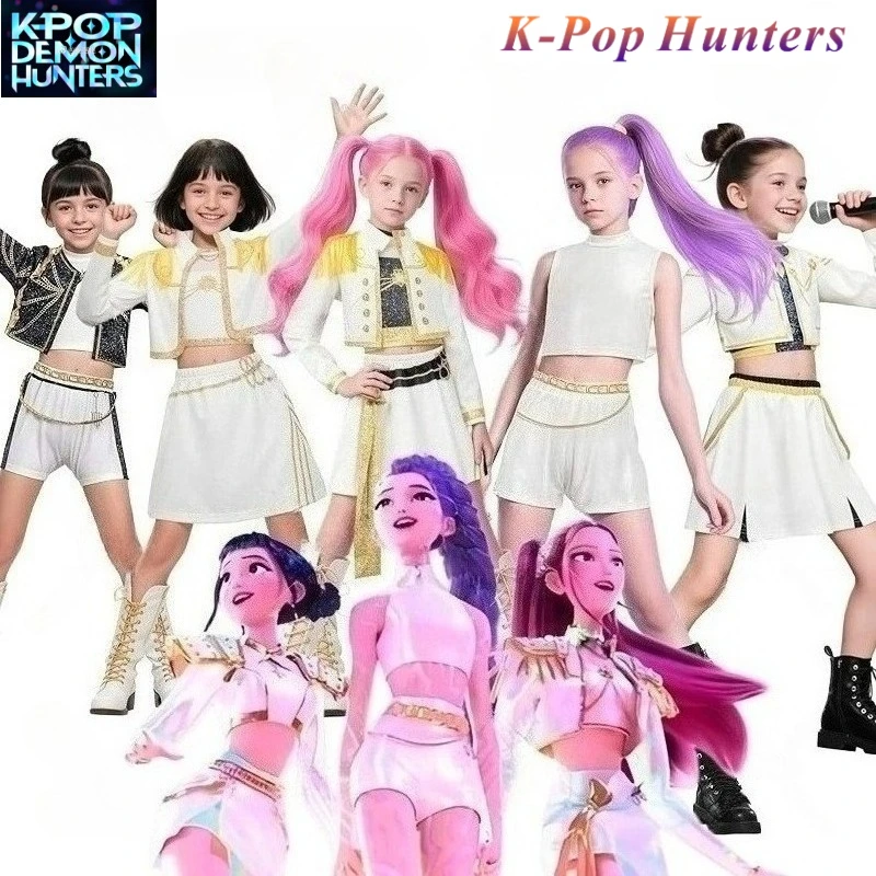 

Anime Kids Kpop Demon Hunter Cosplay Rumi Zoey Mira Cosplay Costume Child Girls Style Kids Stage Performance Clothes Halloween