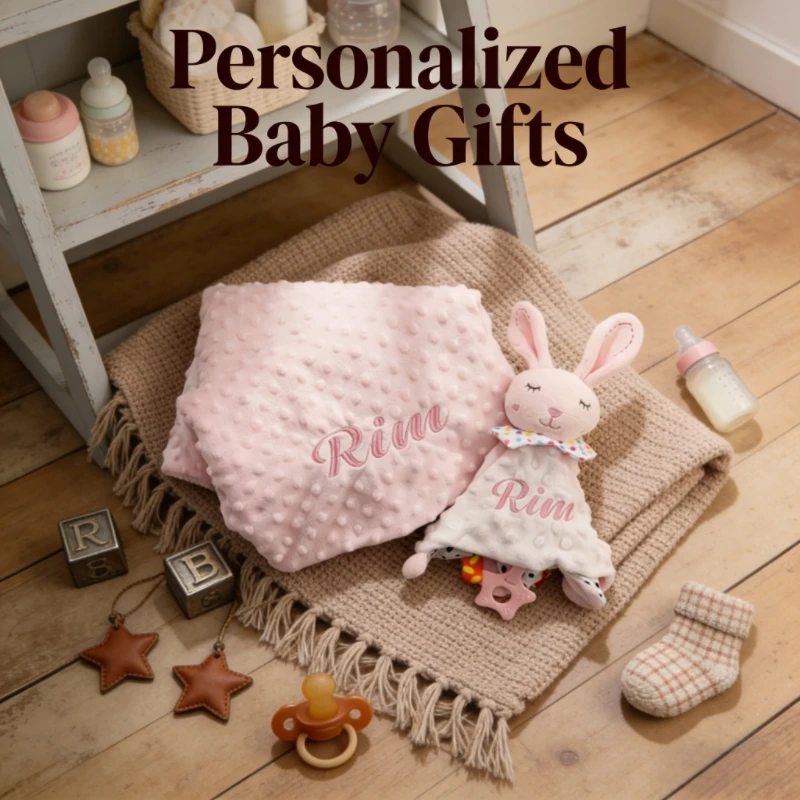 パーソナライズされたベビーネームブランケットセット、コンフォータータグとガラガラ付き、安全なベビーラップブランケット、ベビーシャワーギフトに最適