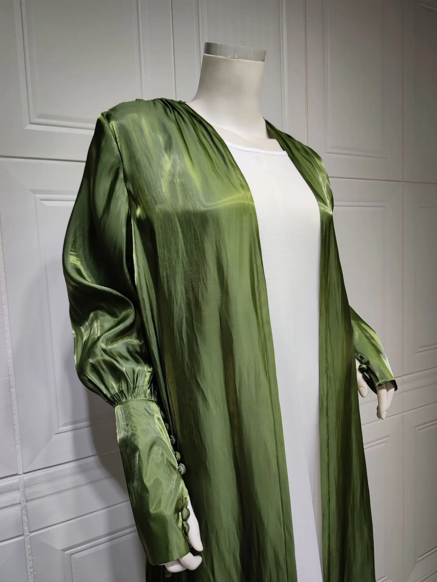 Turkish Gowns For Women Dubai Arabian Dress Army Green Silk Satin Cardigan Robe Mushroom Button Sleeves Muslim Outwear