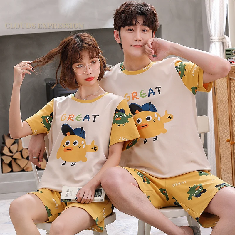 Conjunto de pijama con estampado de dibujos animados para parejas, ropa de dormir de algodón 100%, color amarillo, para verano