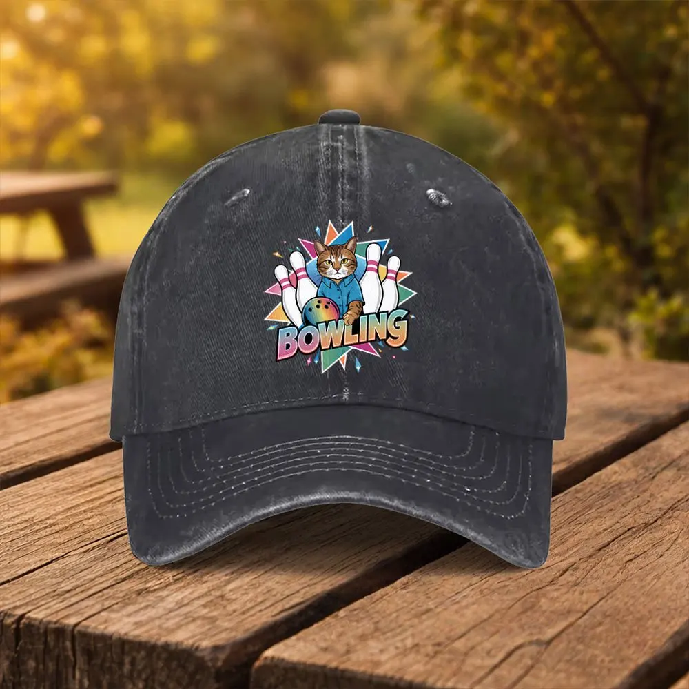 Cat Bowling Print Baseball Cap, Unisex Fashion Duckbill Hat, Suitable for Outdoor Sports, Fitness, Travel, and Outings, Multiple