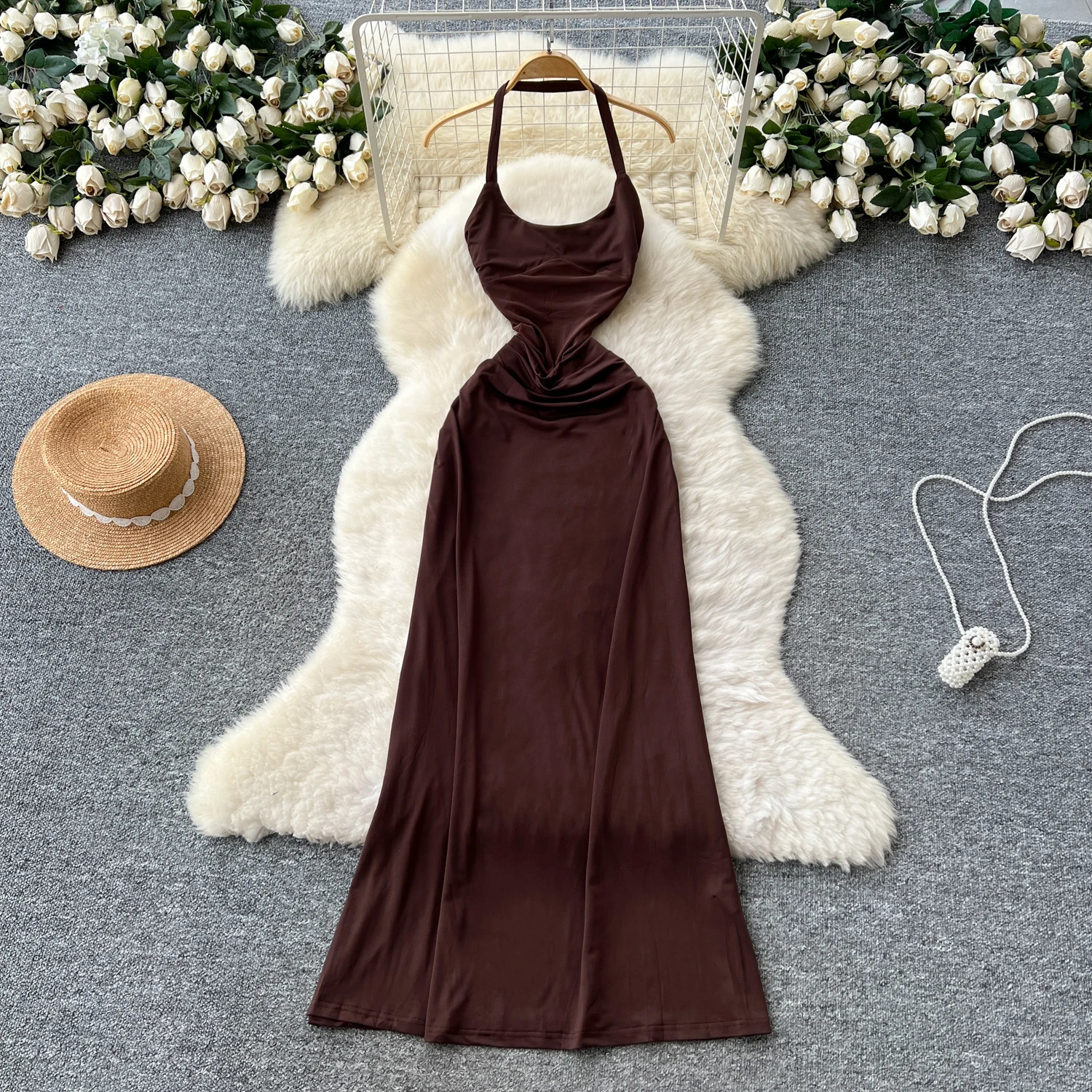 Chic vintage sexy halter backless solido sottile Elegante fata moda coreana Boho Sundress abbigliamento donna Abito lungo