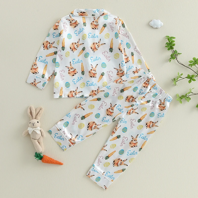 Kids Boys Easter Pajamas Set Cute Bunny Carrot Print Single Breasted Long Sleeve Tops with Pocket and Pants 2 Piece Sleepwear