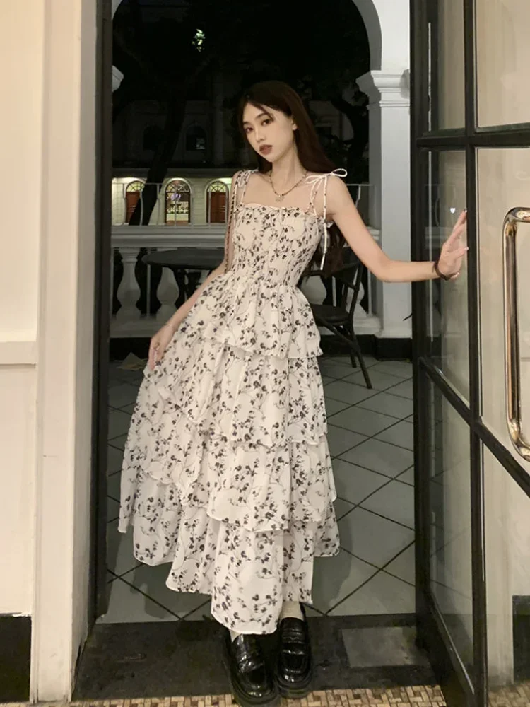 

Korean Style One Piece Slip Floral Y2k Fairy Dresses Prom Vestidos Summer Vintage Long White Sling Printed Dress for Women