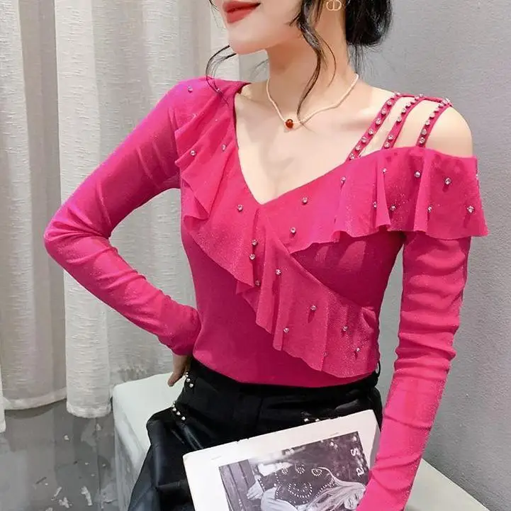 New Spring and Autumn Chic Tops Fashionable and Beaded Off-shoulder Long-sleeved Diamond-encrusted Slim-fitting Bottoming Shirts