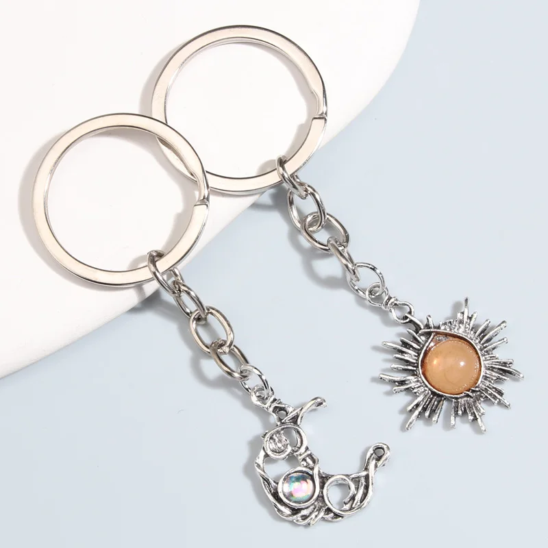1set(2pcs) Alloy Keychain Moon Sun Beads Key Ring Friendship Key Chains For Women Men Handbag Accessorie DIY Handmade Jewelry