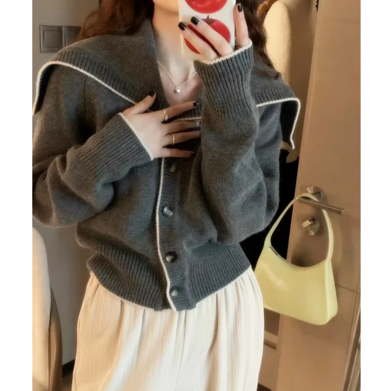 Navy collar cashmere knit cardigan women\'s new autumn and winter matching color loose sweater to show lean wool coat