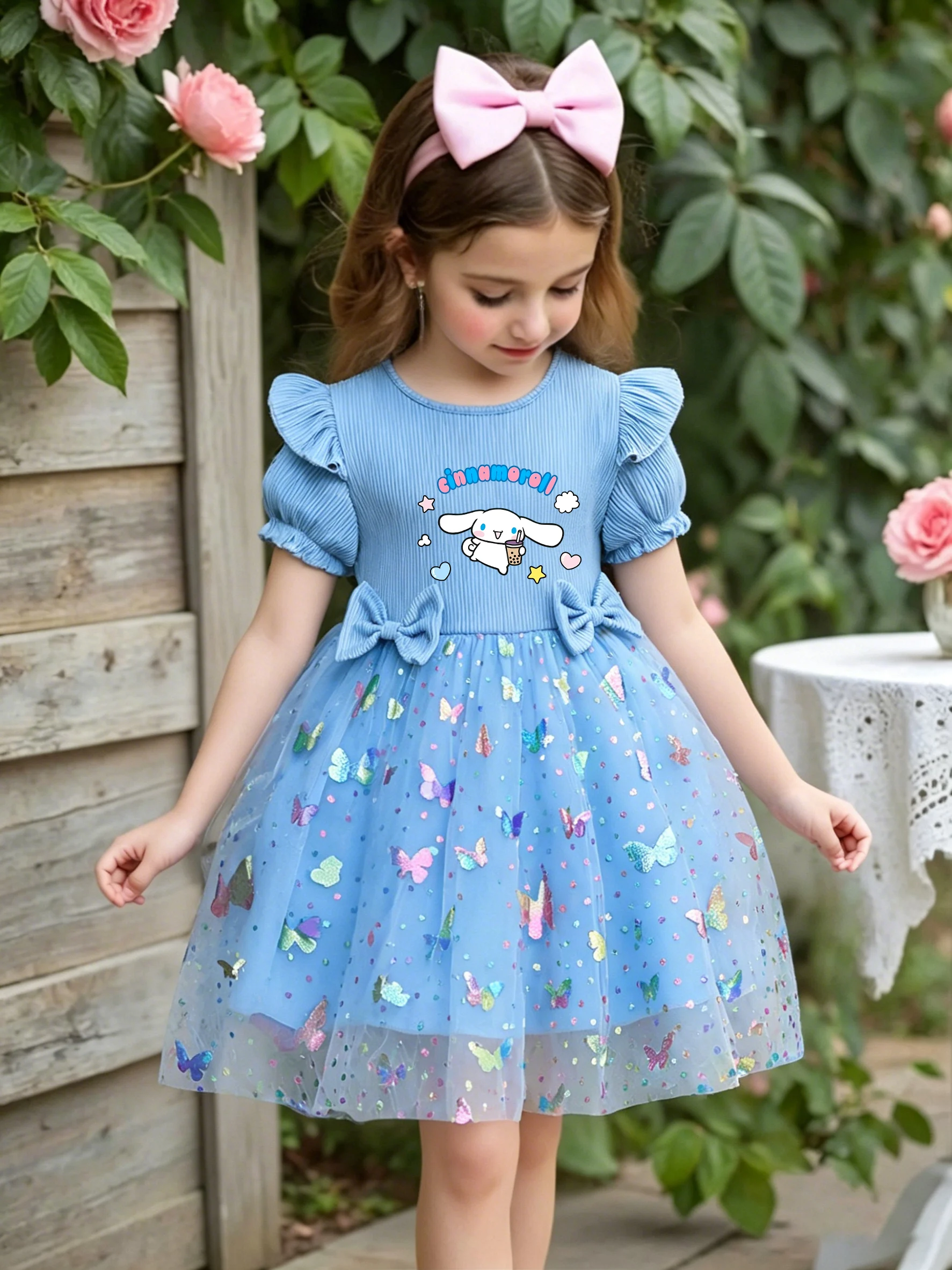 Cinnamoroll Princess Dress for Girls, Blue Butterfly Sequin Tulle Tutu Dress, Kids Birthday Party Formal Gown