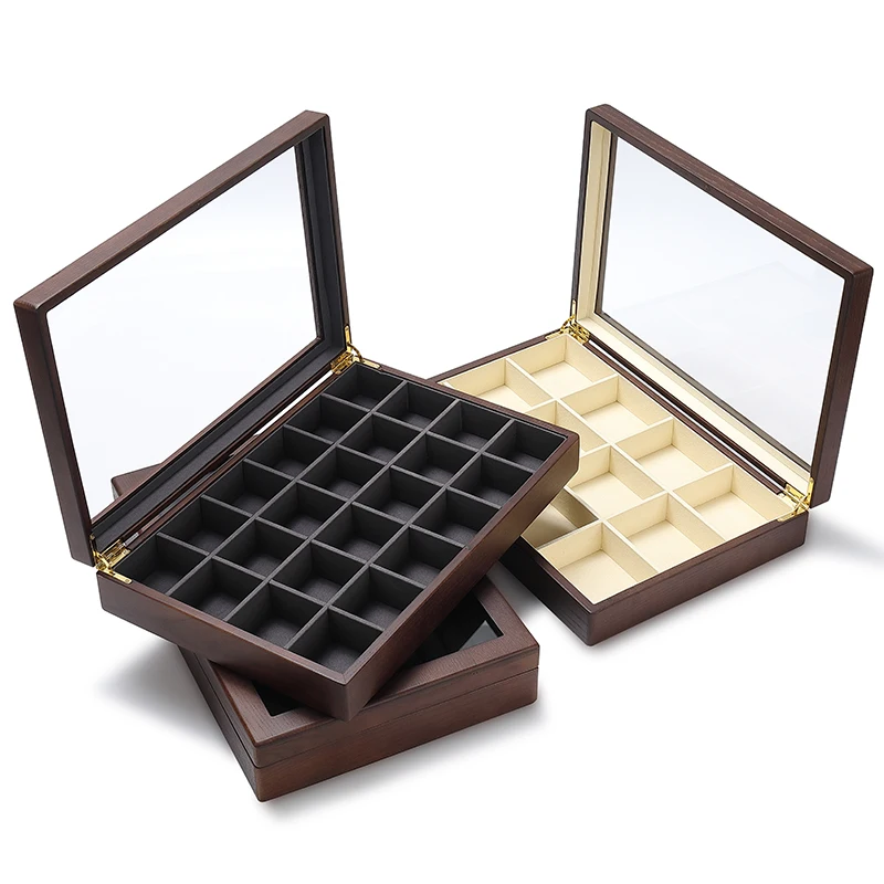صندوق مجوهرات شفاف من الخشب الصلب، منظم كبير وخاتم وقلادة، حقيبة تخزين مبطنة بالمخمل، صندوق كنز رائع