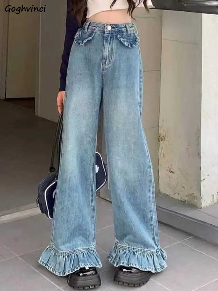 Wide Leg Jeans Women Ruffles Design Streetwear Vintage Female Elegant Personality Korean Style High Waist Fashion Harajuku Solid