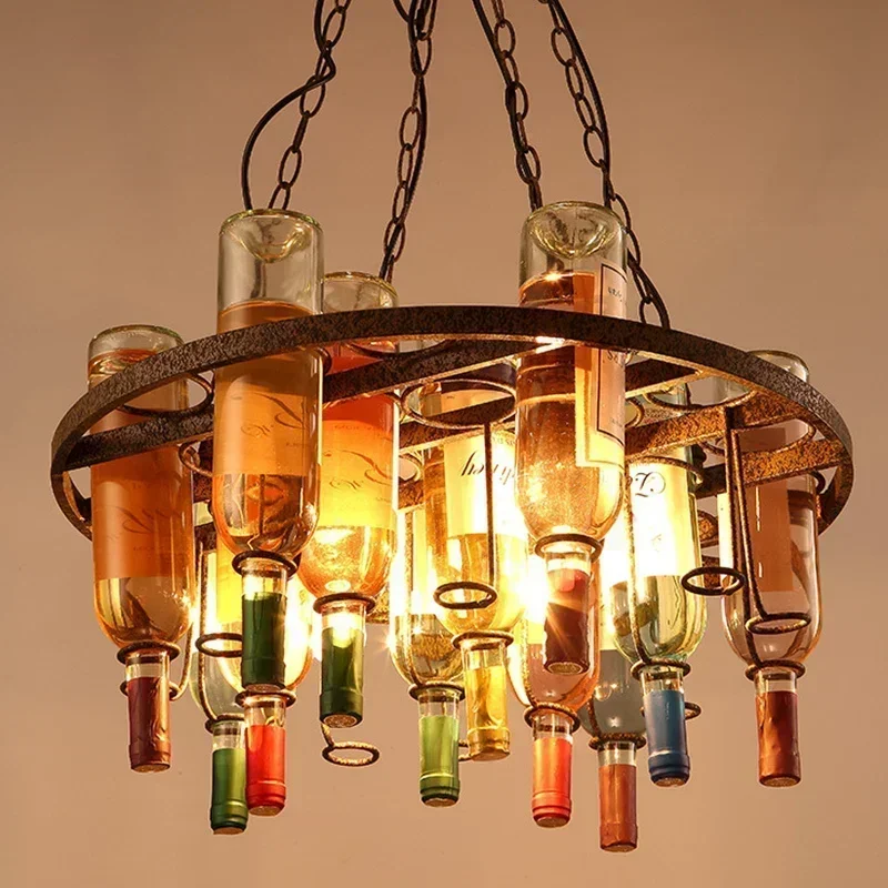 Vintage Attic Wine Bottle Iron Chandelier Creative American Shop Coffee Shop Industrial Style Bar Decorative Light