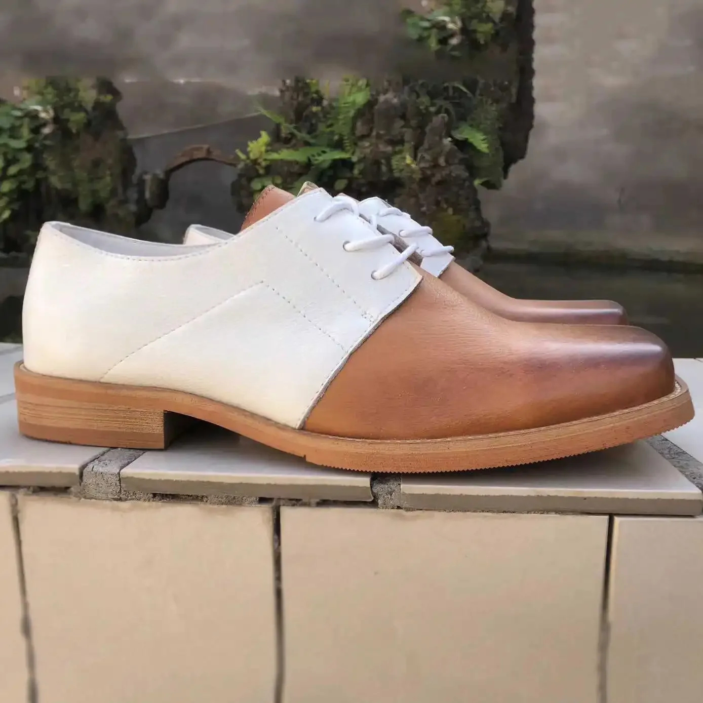 Genuine Leather Retro Color Patchwork Hand-painted Square Toe Men's Trendy Shoes