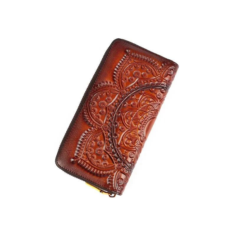 

Nesitu Highend Vintage Flower Brown Coffee Blue Green Top Grain Genuine Leather Women Clutch Wallet Lady Phone Purse M9631