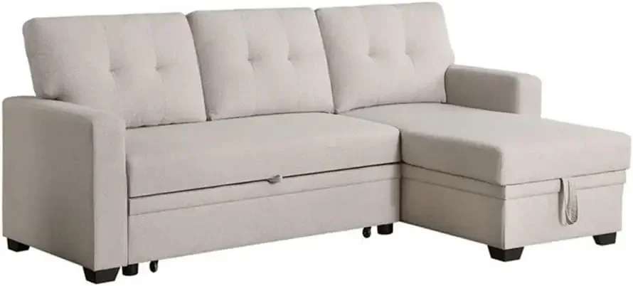 L-Shaped Polyester Fabric Reversible, Easy Convertible Pull-Out Sleeper Sectional Sofa/Storage Chaise with Tufted Back Cushions