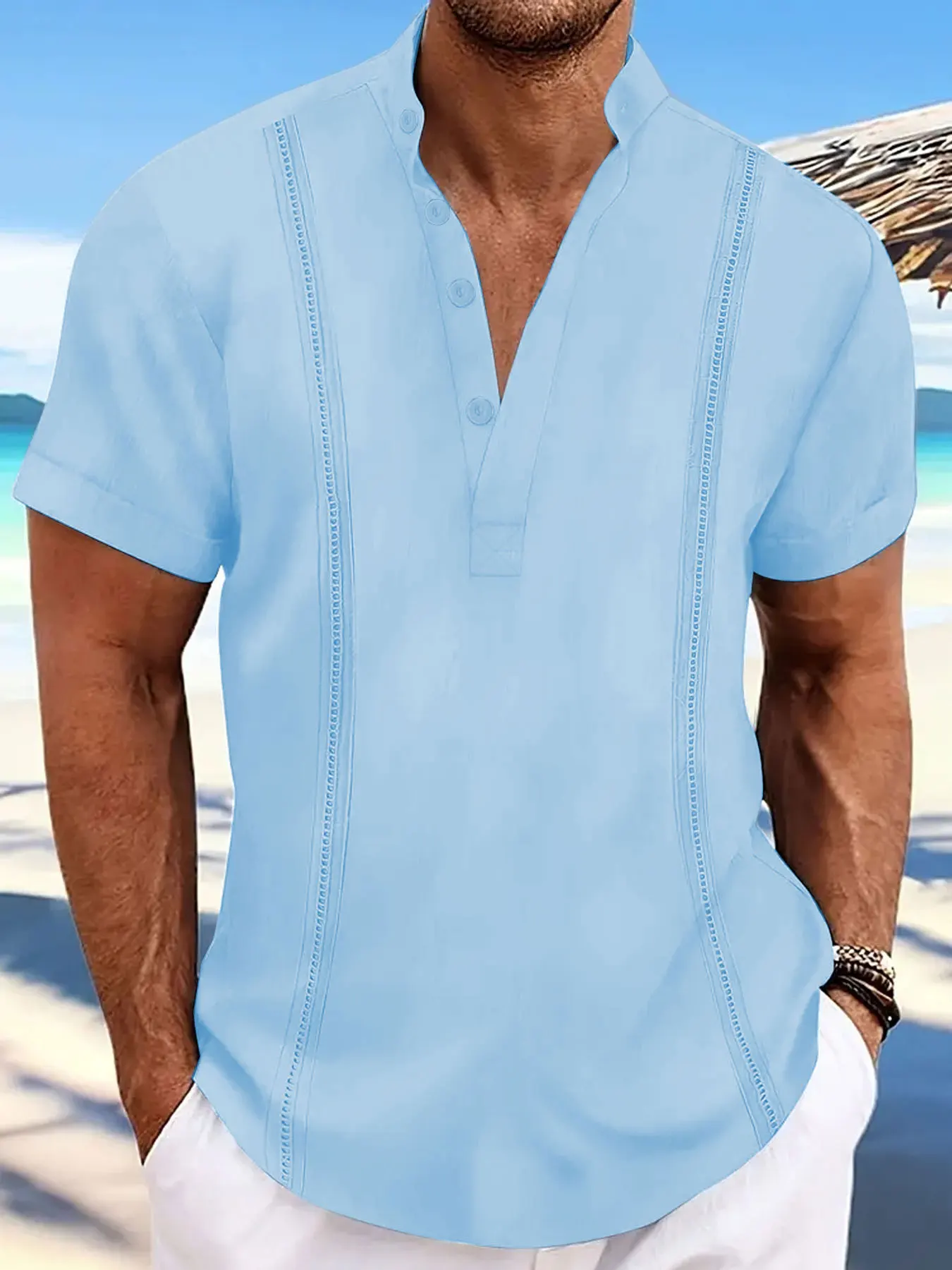 

Men's short sleeved shirt Popular striped polo shirt Solid color half cardigan button up stand up collar top Hot sale Men's wear
