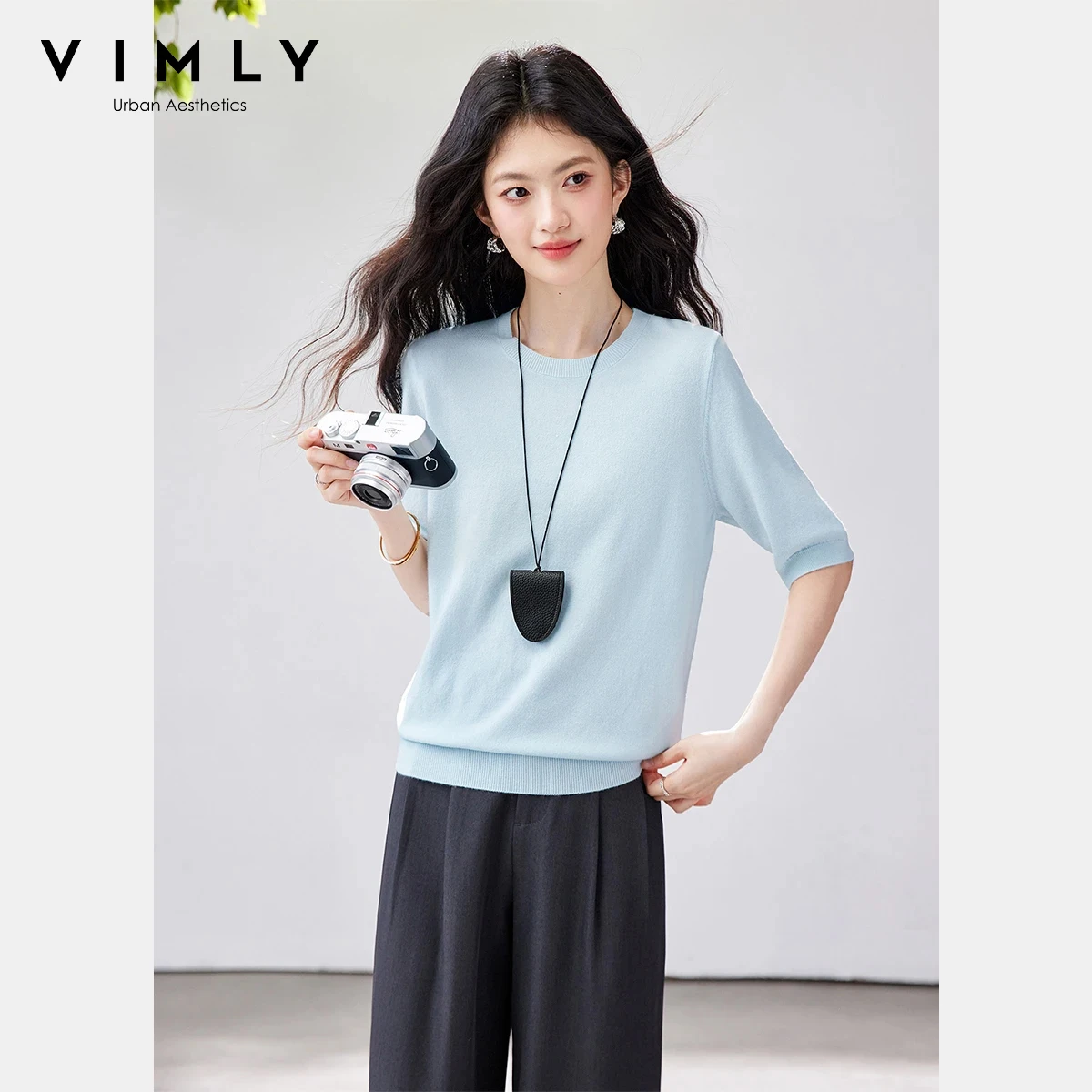 VIMLY Women's Round Neck Solid Knit Top 2026 Summer New Minimalist Versatile Blue Short Sleeve Casual Commute T-Shirt 30888