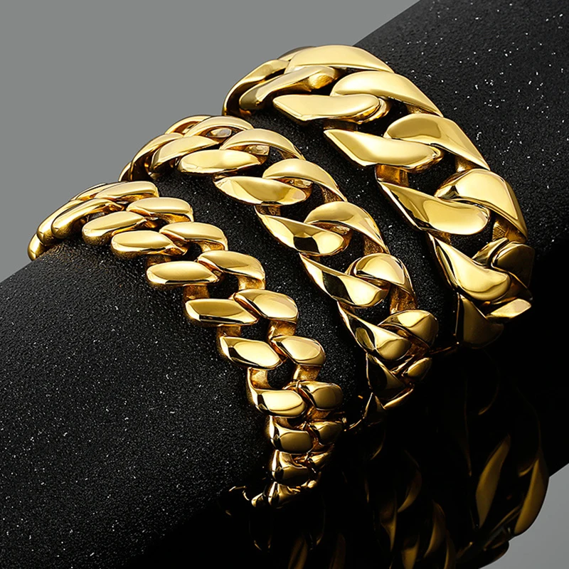 

20/24mm Huge Heavy Gold Color Stainless Steel Bike Jewelry Bracelet Miami Cuban Curb Chain Men's Boys Wristband Bangle Pulsera