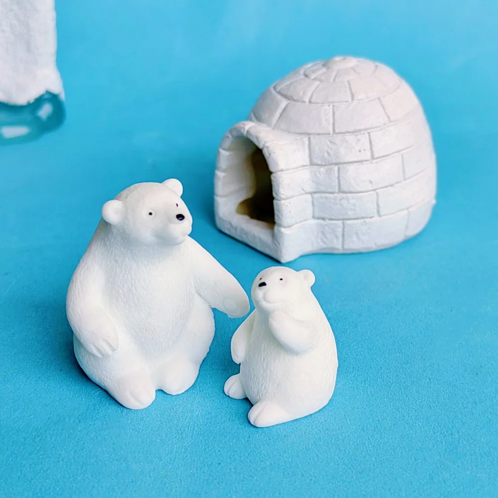4pc Polar Bear Family Set Animal Gift Decoration Resin Craft Miniature Figure Tiny For Bonsai Microlandscape Fairy Garden Decor
