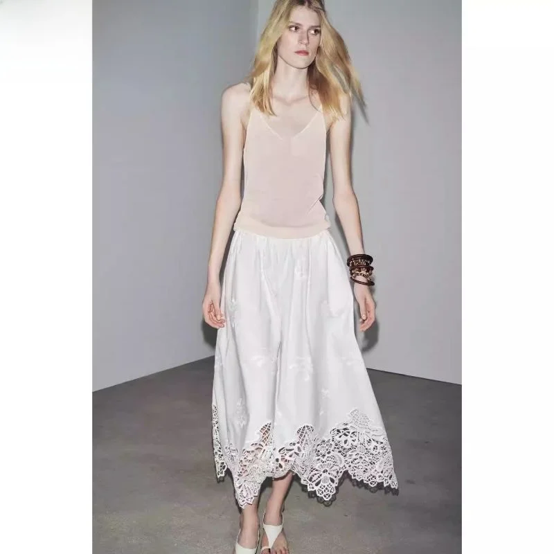 

New Summer 2025 Women's Midi Skirt Ele Cotton Embroidered A-Line Holiday Sle mid Waist Casual Comfortable Fit Skirt