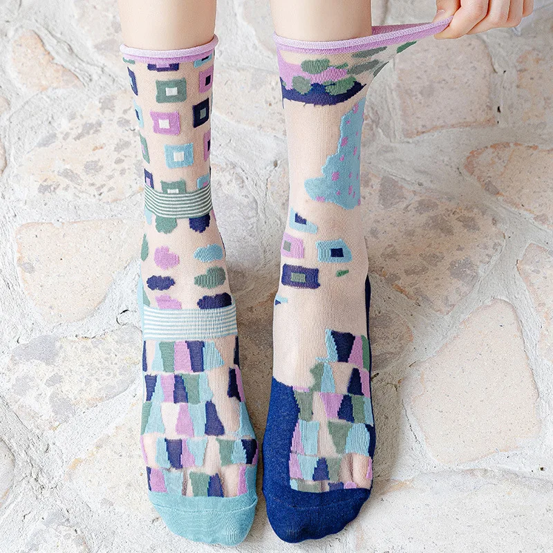 Socks Women Summer Ultra-thin Transparent Crystal Silk Socks Harajuku Streetwear Novelty Funny Cartoon Cute Elastic Long Socks