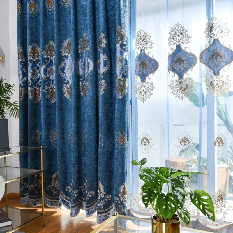 

Blue Chenille Embroidery Veil Curtains for Living Dining Room Bedroom European Window Screen Finished Product Customization