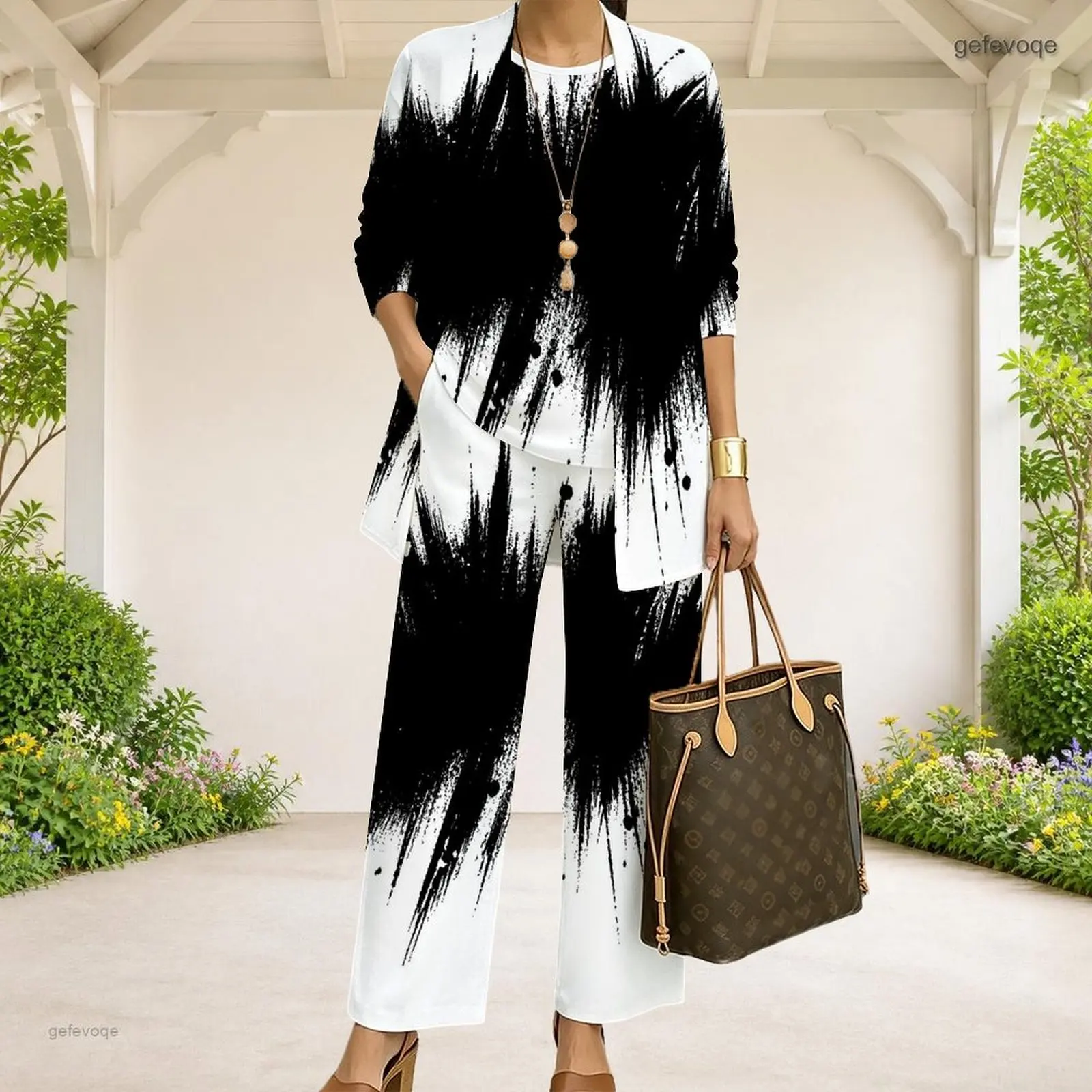 Women Black White Abstract Geometric Printed Long Sleeve Open Front 3 Piece Pants Set - view 6