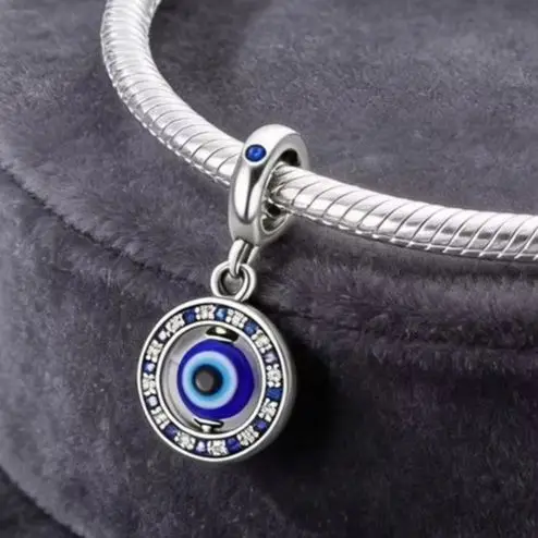 Original 925 Sterling Silver Dangle Charm Rotatable Blue Eye Religion Pendant Fit Bracelet Necklace Diy Female Jewelry