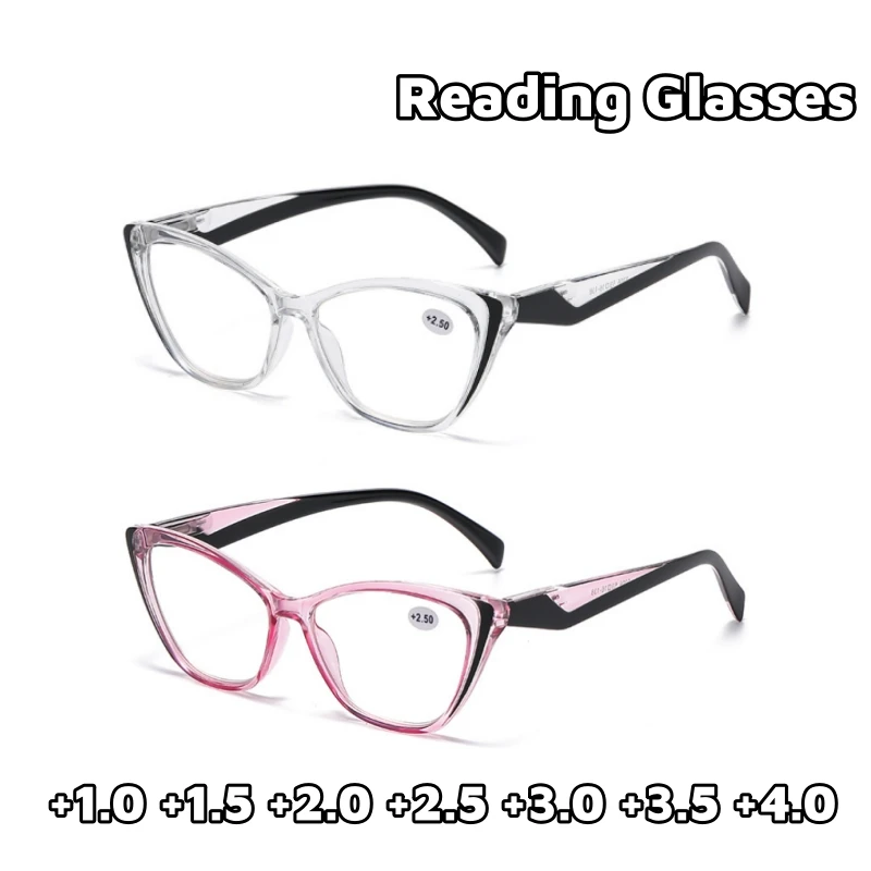 

2024 New Retro Plastic Reading Vintage Cat Eye Far Sight Glasses Women Cleat Lens Anti Blue Light Presbyopia Glasses To +4.0