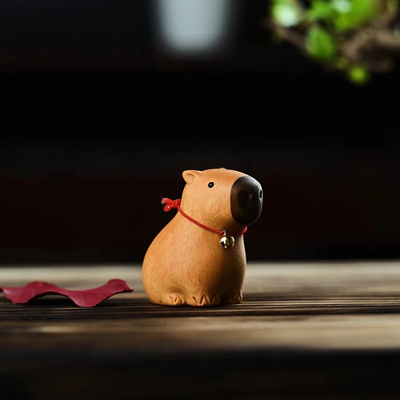 Capybara Cute Animal Small Model Statue Solid Wood Carving Home Room Office Car Decoration Accessories