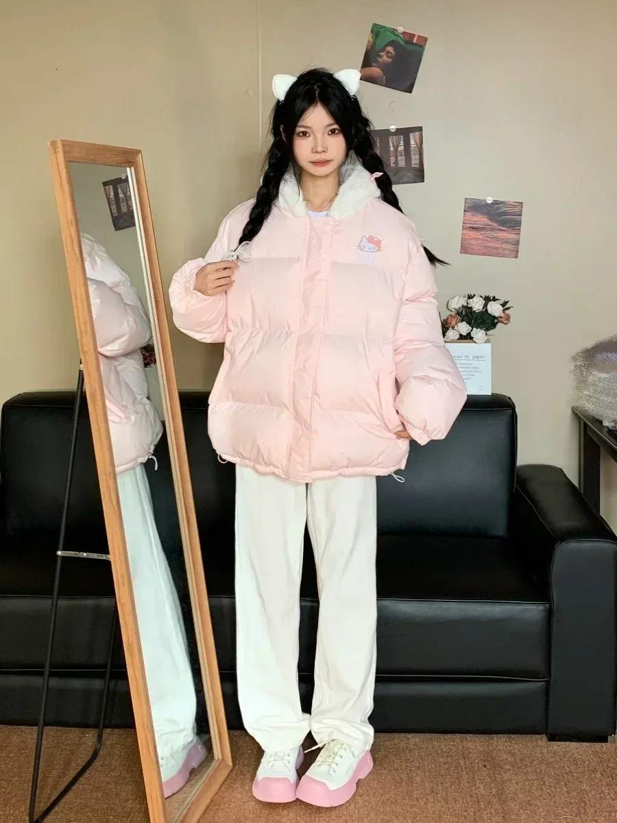 Sanrio Hello Kitty Cotton Padded Coats Japanese Girl Sweet Cute Loose Warm Thickened Student Casual Y2k Cardigan Jacket Women