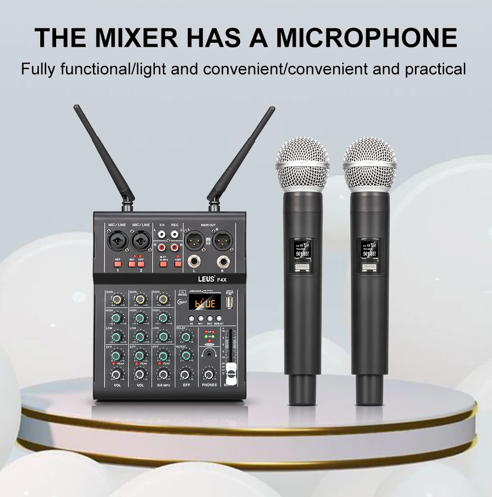 LEUS F4X Audio 4 Channel Sound Mixer With Dual UHF Wireless Microphone DJ Console Mixing for karaoke Party PC Studio Recording