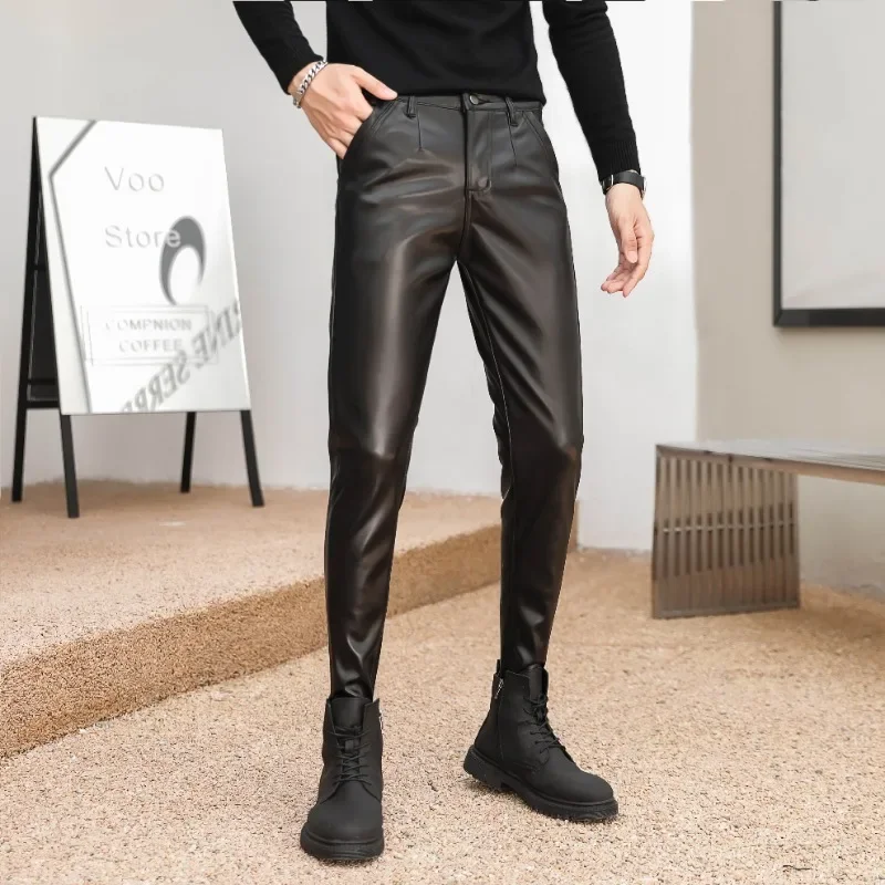 2025 New Arrived Skinny Biker Leather Pants Mens New Faux Leather Biker Trousers for Male Trouser Stage Club Wear