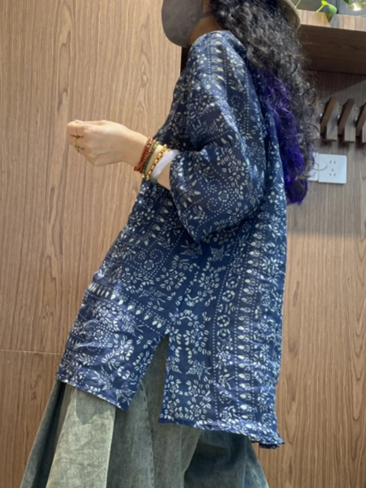 الرجعية الراقية الكتان طباعة ميدي irt حجم كبير المرأة اللون بلو زر V-Ne رقيقة رداء علوي غير رسمي الصيف فضفاضة تناسب تخفيف Sle