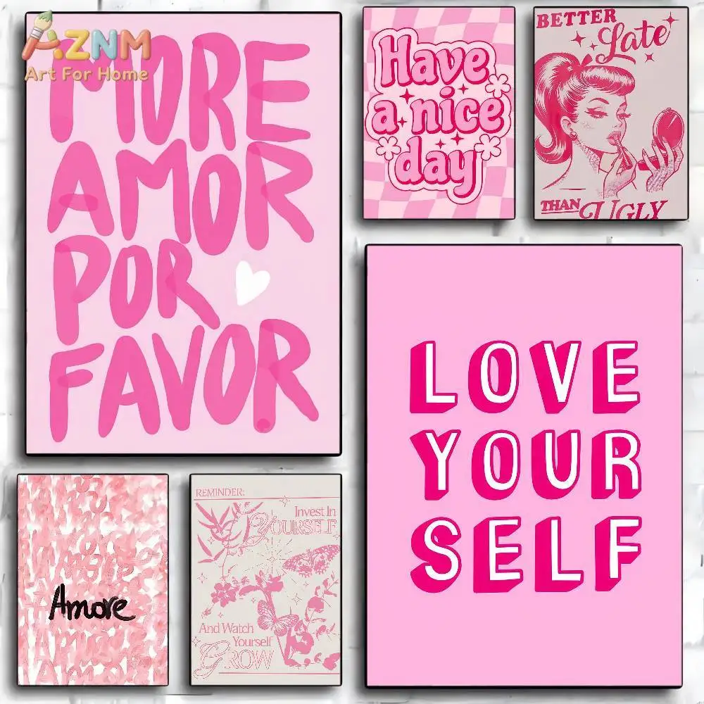 AZNM Pink Preppy Quote Canvas Wall Art, Love Yourself & Positive Affirmation Print, Trendy Room Decor