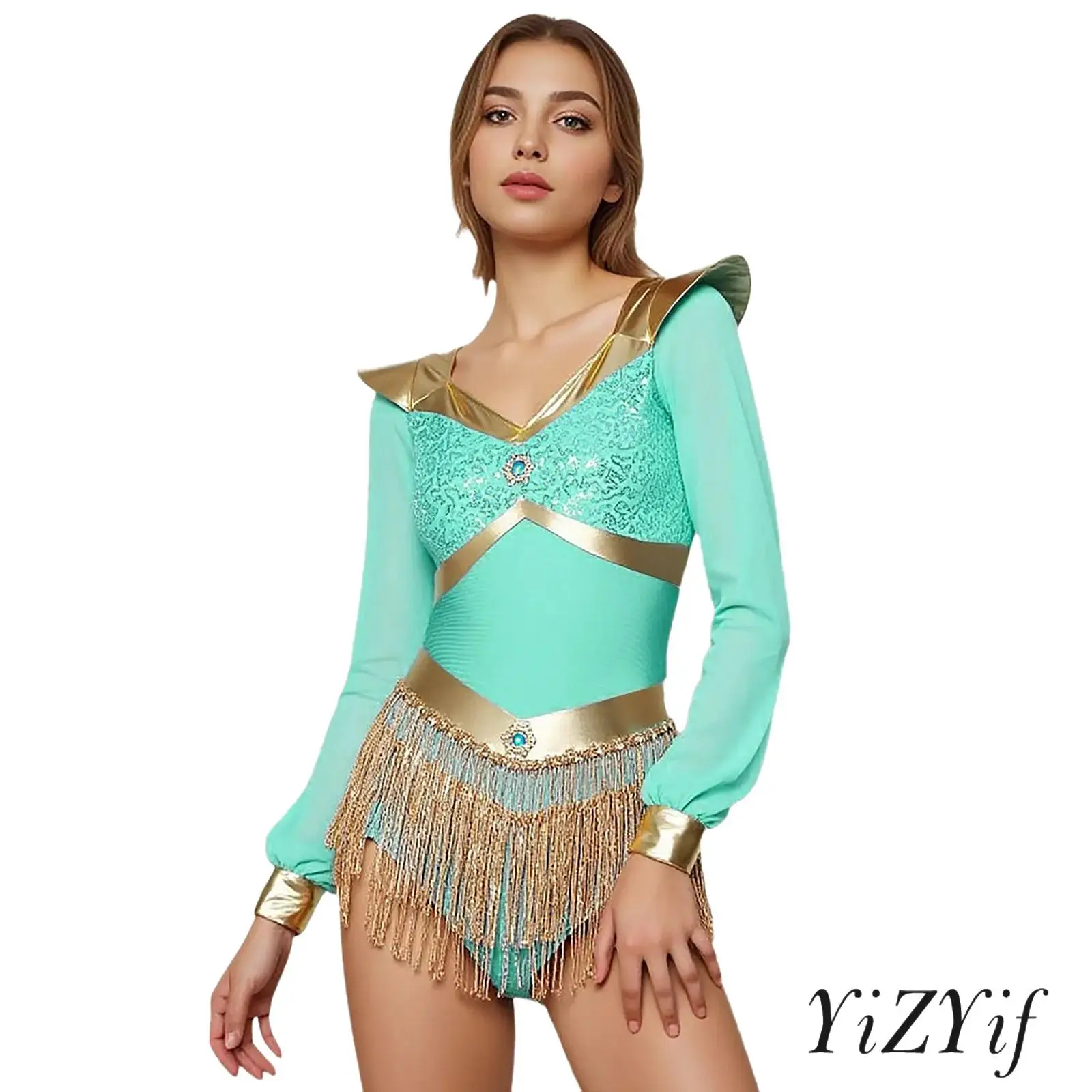 

Womens Halloween Arabian Princess Cosplay Costume Metallic Glossy V Neck Sheer Chiffon Long Sleeve Rhinestones Jumpsuit