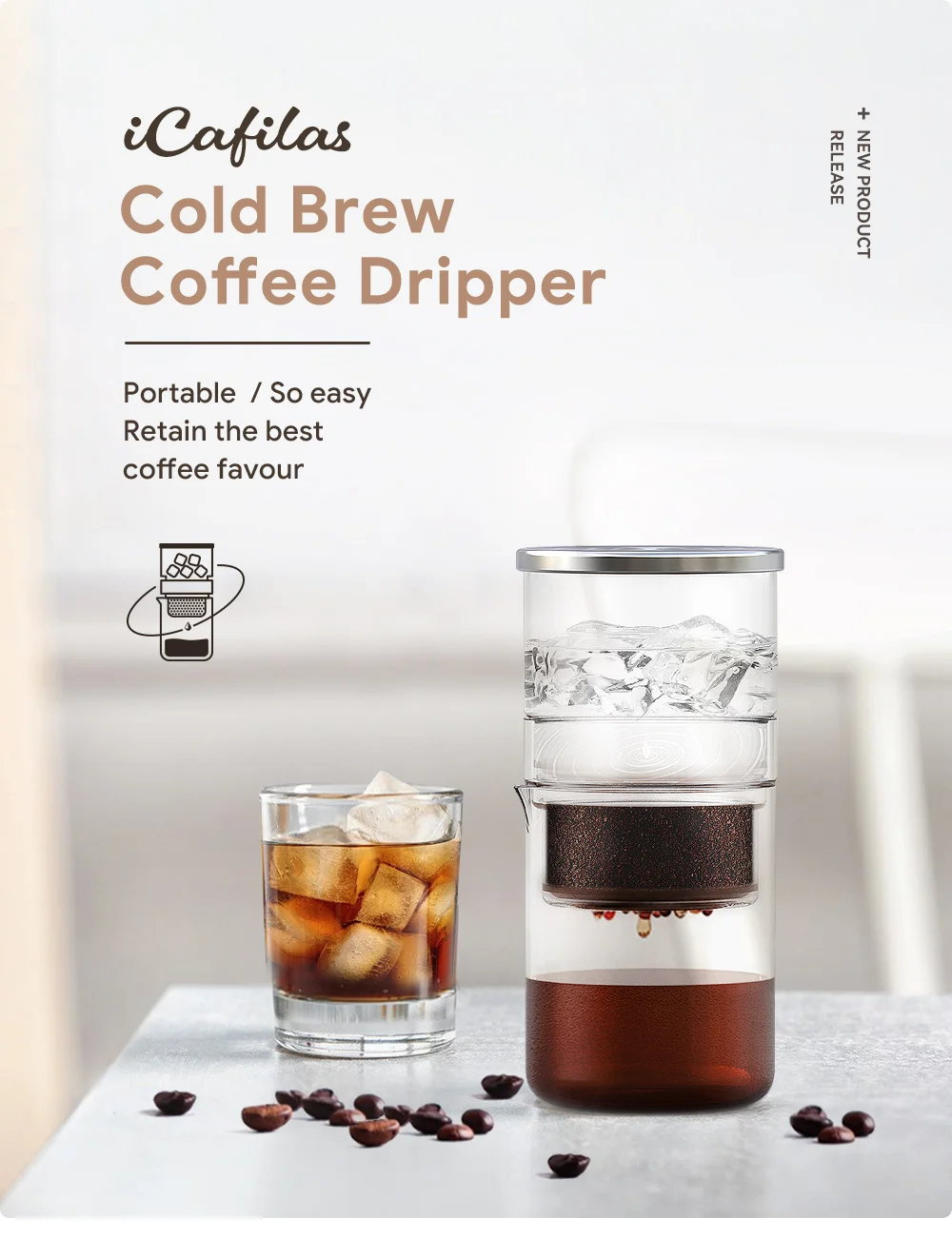 icafilas Cold Brew Coffee Pot Set Iced Drip Filter Eco coffee Tools Barista Hand-made Glass Coffee Maker Reusable Filter Dripper