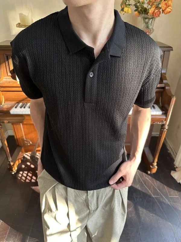 American Style Relief Henry Collar Short Sleeve T-Shirt Men's Summer Thin Cleanfit Loose Retro  Shirt Top Polyester