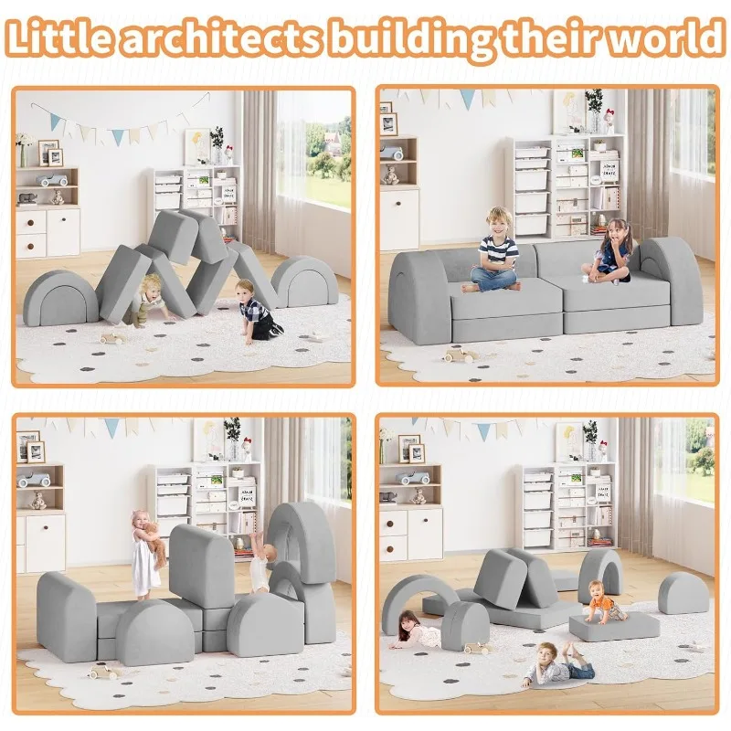 Kids Couch, Modular Kids Play Couch, Fold Out Toddler Couch Building Convertible Kids Floor Sofa and Foam Couch