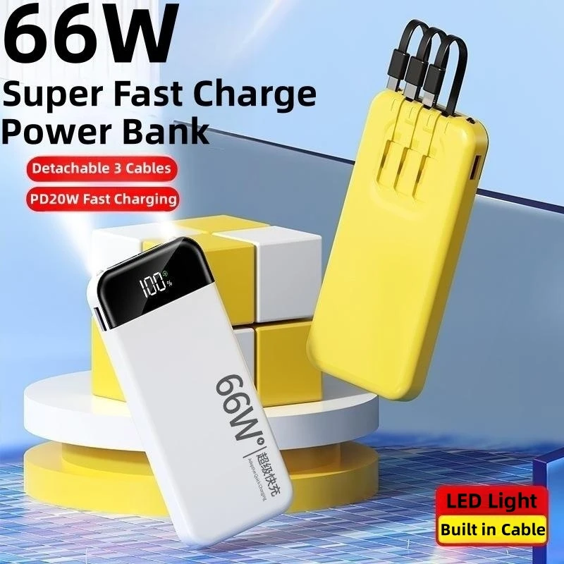 

Power Bank 20000mAh External Battery 66W Fast Charging Powerbank for iPhone 14 Xiaomi Samsung Poverbank with Cable Spare Battery