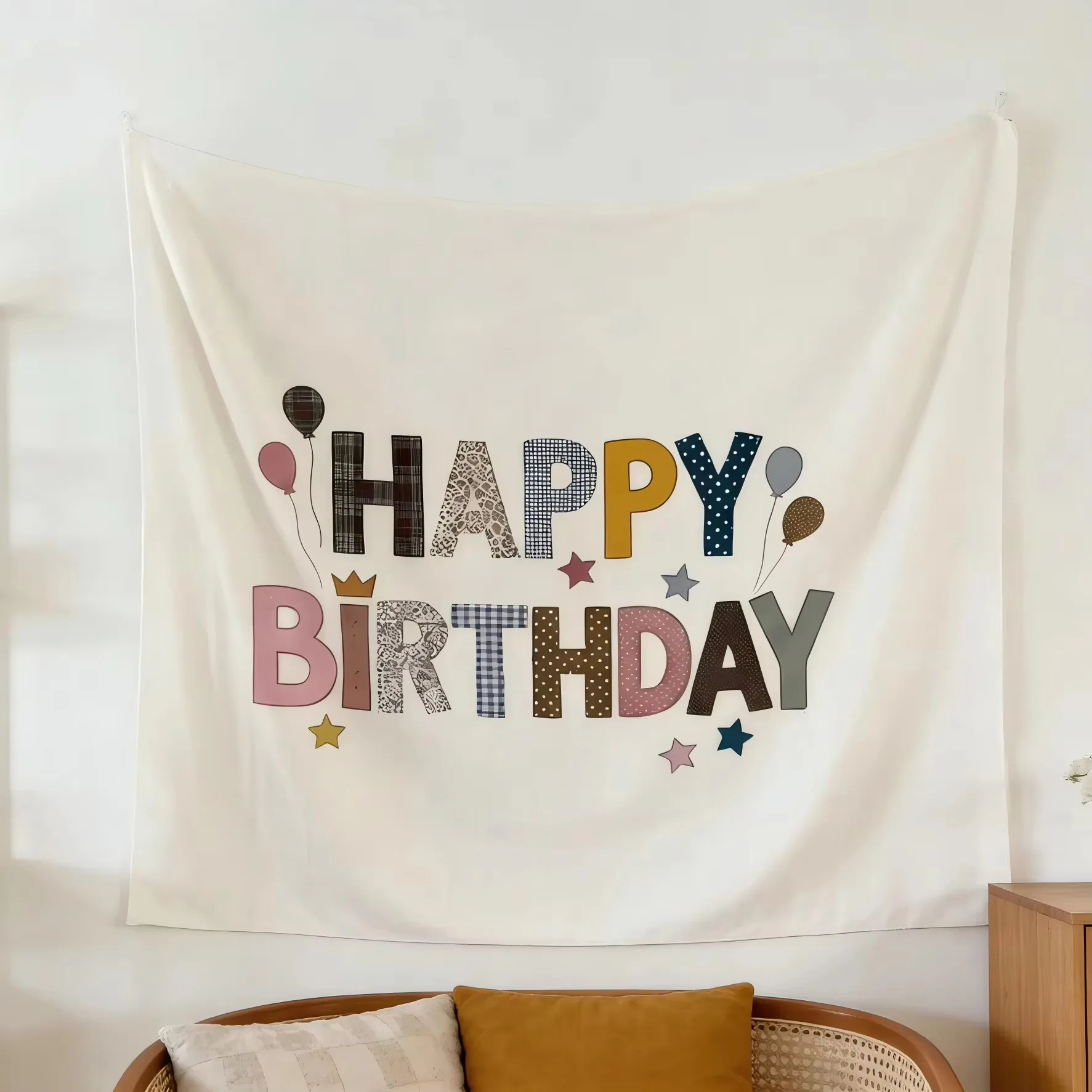 Bohemian Happy Birthday Tapestry, Aesthetic Wall Hanging for Party Bedroom Dorm Room Home Decoration Celebration Gift